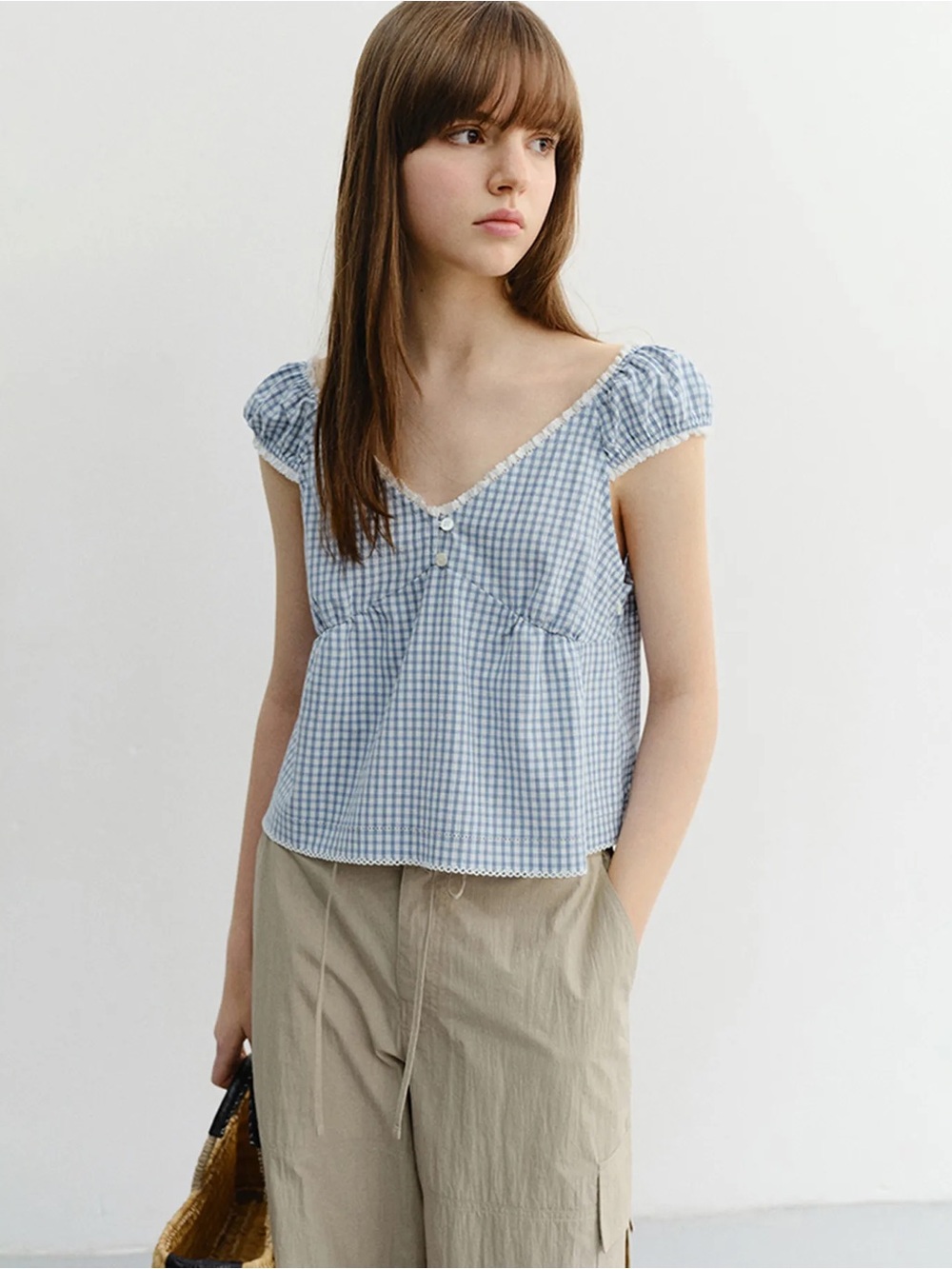 NWT Dunst Blue Gingham Milkmaid Puff Sleeve 2-Way Top Sz Small